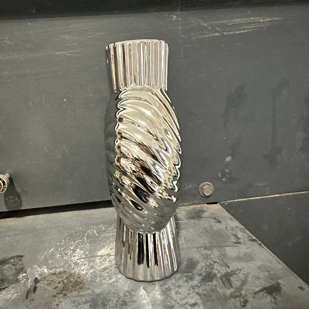 Sculptural Decorative Vase PAIR Modern Chrome Silver Swirl Ribbed Ceramic 9.5